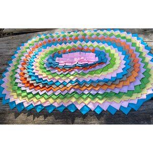 Vintage 1960s Linen Fabric Pleated Rag Accent Oval Rug MOD